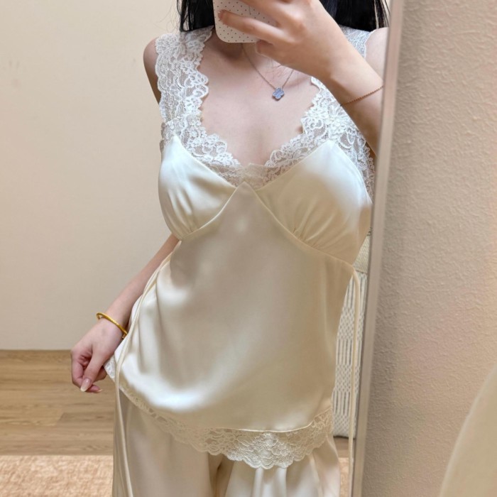 bộ đồ ngủ satin lụa băng cho nữ mùa xuân hè, quần lửng cao cấp, mỏng, gợi cảm, đồ mặc nhà, áo kh