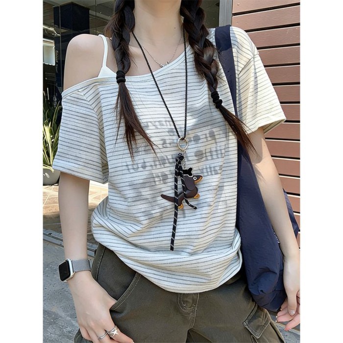 Striped Slanted Shoulder Short-sleeved T-shirt For Women Summer New Design Niche Loose Lazy S