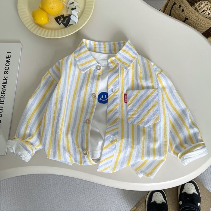bé trai áo sơ mi sọc áo sơ mi bé trai quần áo trẻ em 1234 tuổi áo khoác cotton xuân thu phiên bả