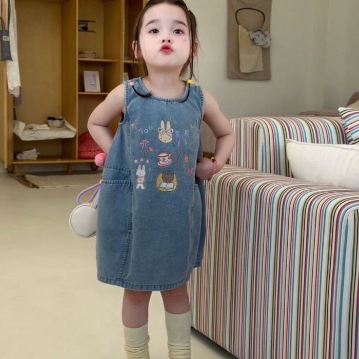 Váy mới cho bé gái, váy công chúa trẻ em, váy mùa hè, váy vest denim hoạt hình, váy thường ng