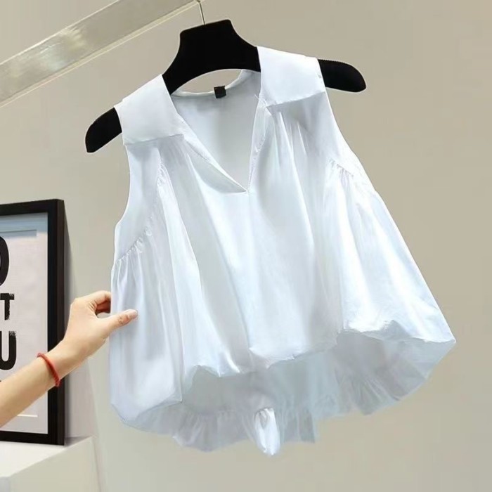 Áo sơ mi Pháp thiết kế đơn giản mùa hè Áo sơ mi không tay phong cách Hàn Quốc