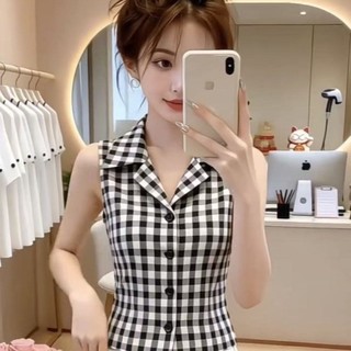Áo sơ mi polo kẻ sọc phong cách retro mùa hè mới cao cấp đơn ngực bên ngoài mỏng không tay được