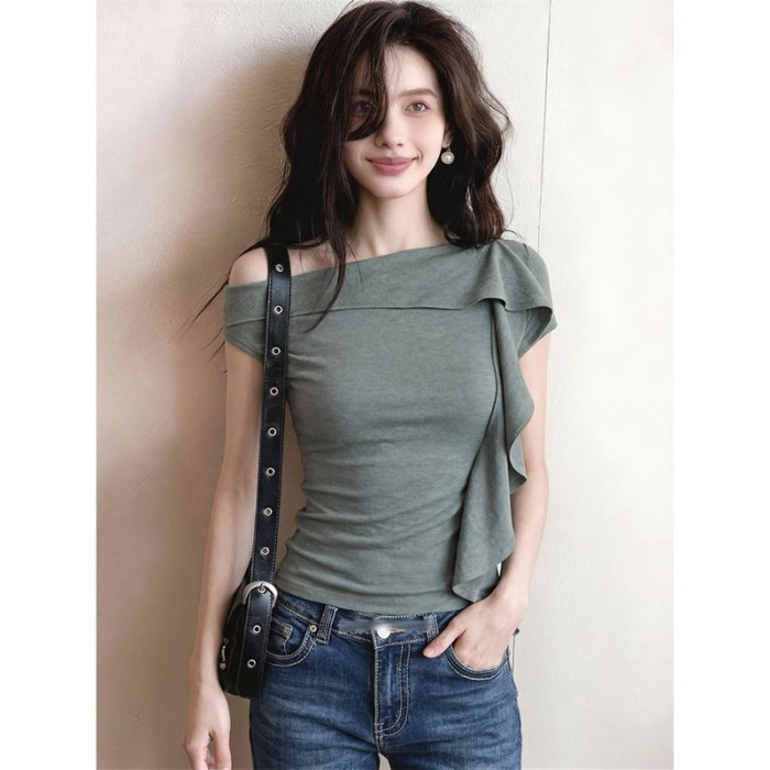 Korean Summer New Style Casual Lazy Asymmetrical Design Off-shoulder T-shirt Women's Light Lu