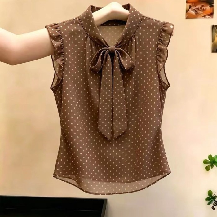 Áo sơ mi thắt nơ chấm bi cổ điển kiểu Pháp dành cho nữ, phong cách mùa hè mới, áo mỏng và đa