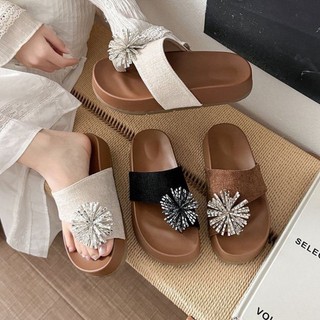 Summer New Thickness Rhinestone Slippers Women's Outerwear Cork Slippers French Retro Versati