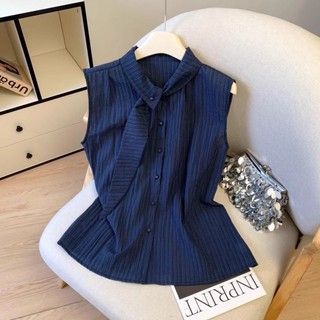Mùa Hè Pháp Áo Sơ Mi Sọc Không Tay Áo Khoác Ngoài Nữ Áo Niche Chic Đẹp Top