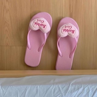 Korean Version Pink Embroidered Love Flip-flops Summer Seaside Beach Slippers Girls Soft-soled