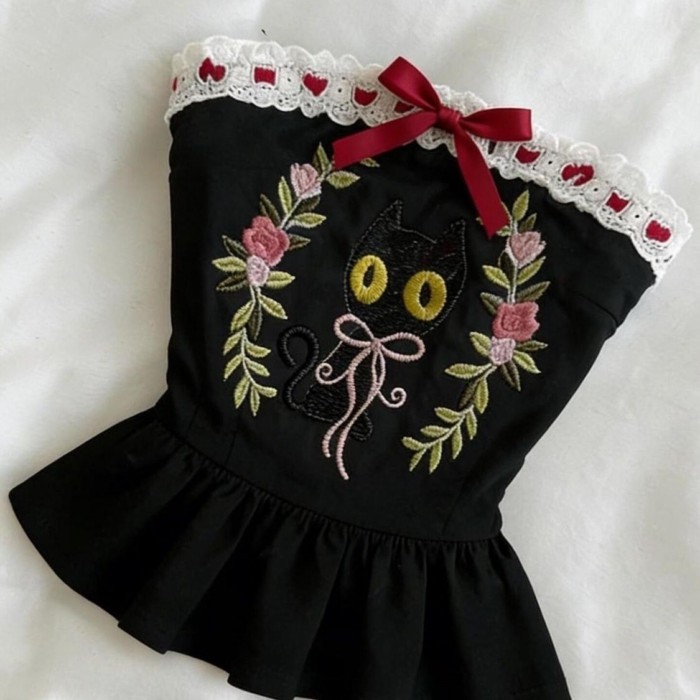 Phong Cách Retro Hoa In Hình Mèo Xếp Ly Ren Lãng Mạn Áo Vest Top Đen Vintage Treo Dây