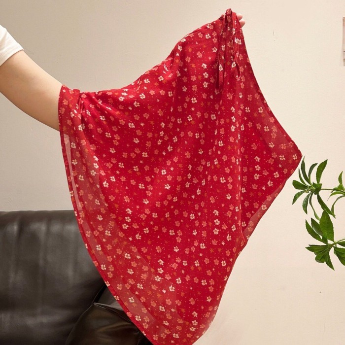 Váy hoa màu đỏ cổ điển Mùa hè dành cho nữ Váy chữ A eo cao mới Váy đi làm