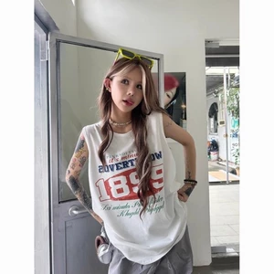 Áo ghi lê không tay phong cách Retro Mỹ dáng rộng chất cotton đa năng in hình