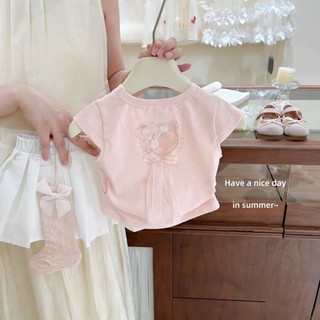 Bé gái mùa hè bé mùa hè màu hồng dễ thương Áo thun ngắn tay kt váy xếp li phong cách trẻ em