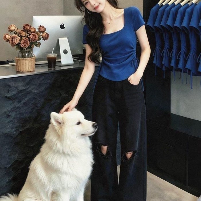 Áo thun hai dây rút phối ren eo cho nữ mùa hè phong cách mới nhỏ có hương thơm giảm tuổi tác
