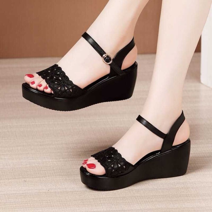 Mùa Hè Giày Sandal Đế Xuồng Nữ Nền Tảng Khóa Miệng Cá Giày Sandal Hở Mũi Size Lớn Dép Đa Năng