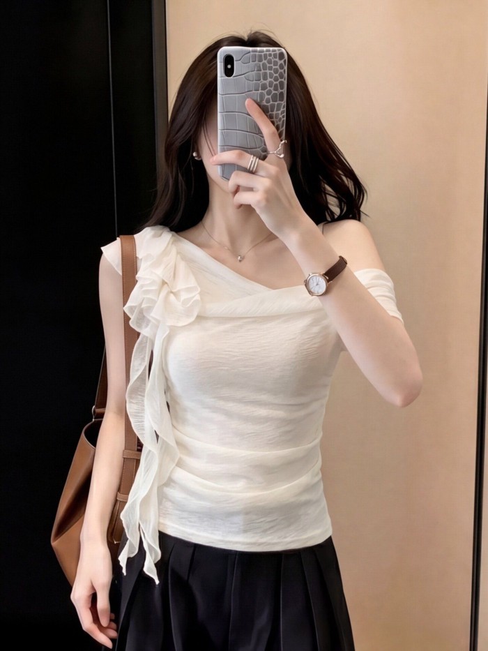 chiếc áo trễ vai trễ vai kiểu Pháp dành cho nữ mùa hè Áo thun trắng một vai dáng ôm vừa vặn mới