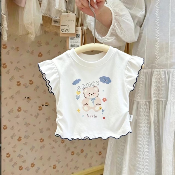 Áo thun ngắn tay cotton màu hồng cho bé gái mùa hè in hình gấu dễ thương tay áo bay hình nấm hàn
