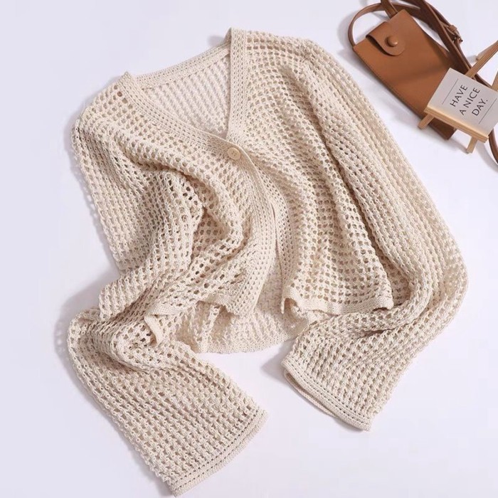 Mùa hè mới phong cách mới rỗng áo siêu trong suốt áo cardigan dệt kim ngắn áo sơ mi rộng rãi