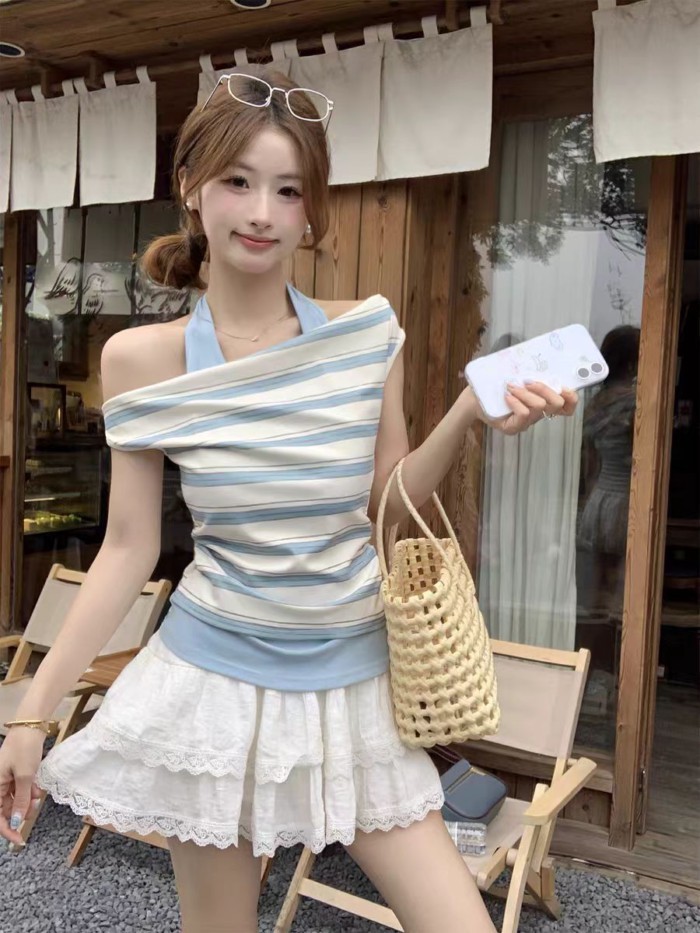 Unique Fake Two-piece Design Retro Striped Halter Neck Short-sleeved T-shirt For Women Summer