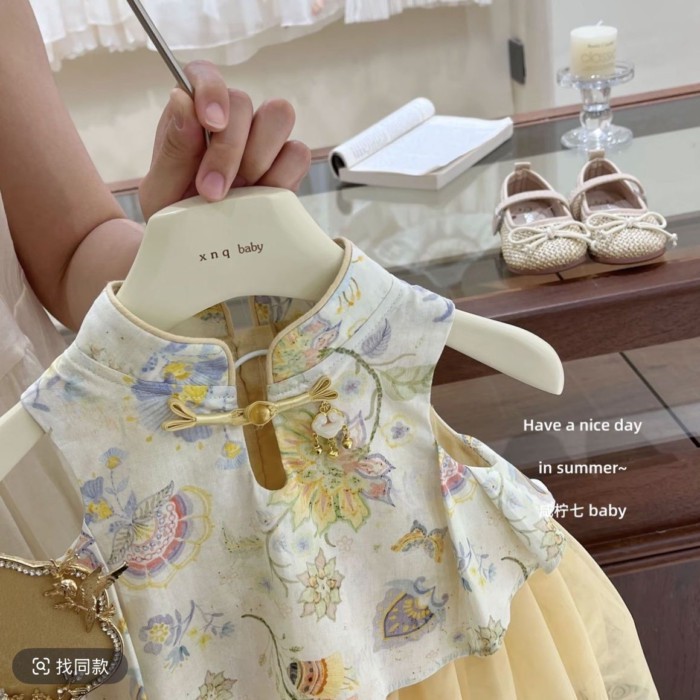 Váy Sườn Xám Cho Bé Gái Váy Không Tay Hoa Phong Cách Quốc Gia Cho Bé Gái Hanfu