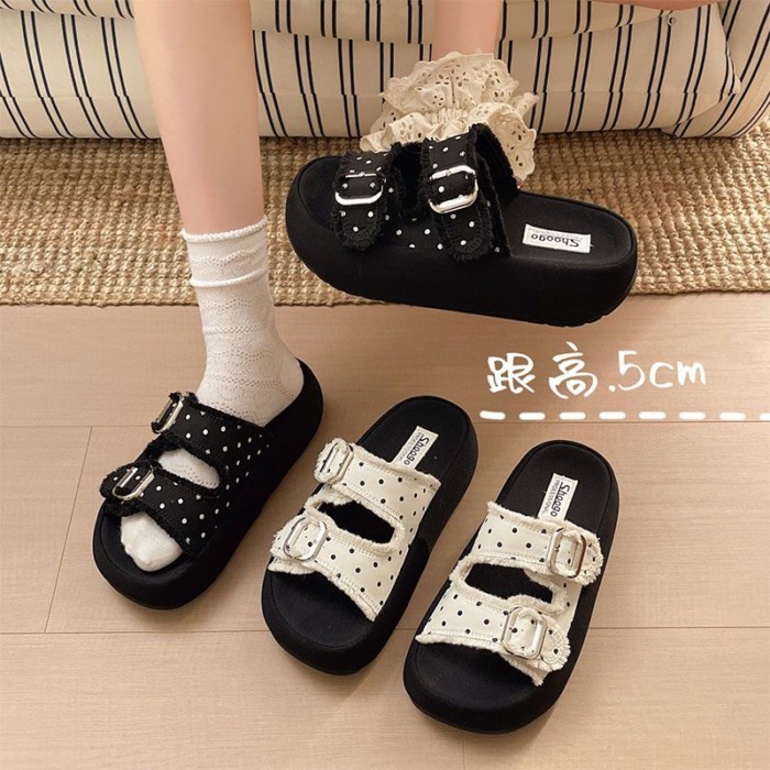 Dép đế dày một chữ chấm bi cao cấp dành cho nữ, áo khoác ngoài mùa hè, chống trơn trượt, nửa trơn B