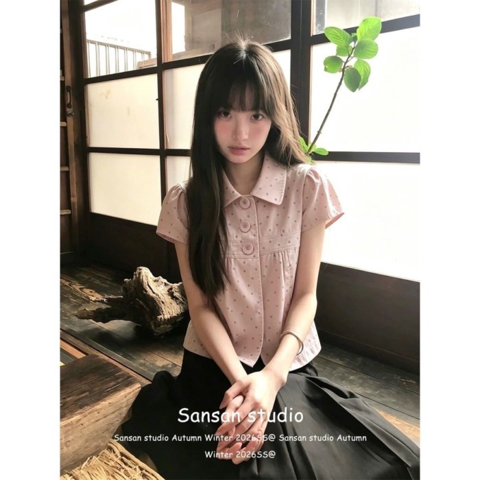 College Style Pink Polka Dot Short-sleeved Shirt For Women To Wear In Summer, Korean Style Sh