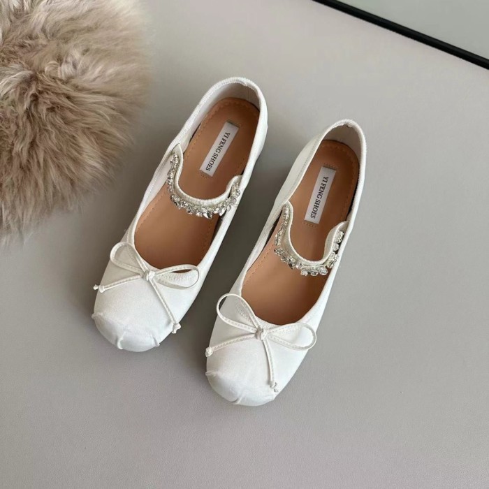 phiên bản kim cương giả cao hơn 5cm Pháp giày ba lê nữ satin nơ nông miệng Mary Jane giày