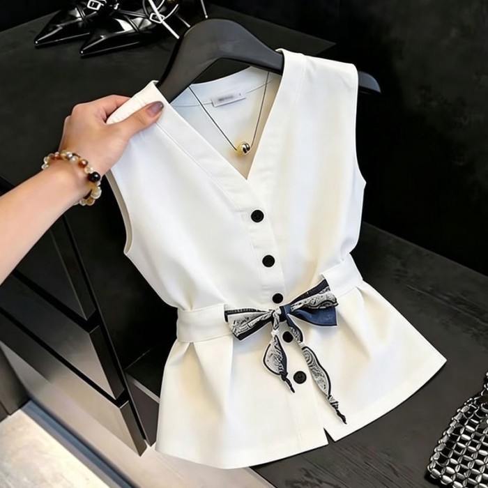 Áo sơ mi không tay cổ chữ V phong cách Pháp mùa hè cho nữ kiểu mới Thắt nơ sang trọng và đẹp