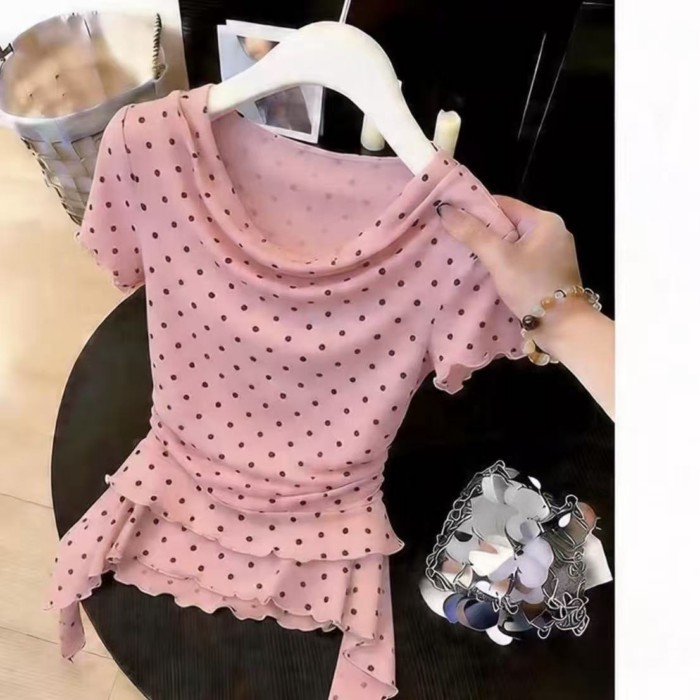 Phong cách Hàn Quốc khí chất chấm bi cổ xoay không đều xù nối áo thun ngắn tay hàng đầu dành