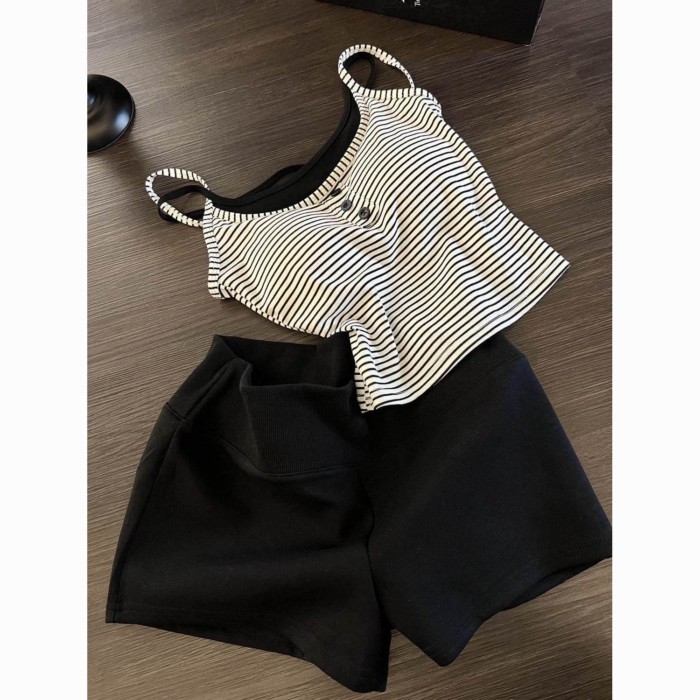 Bộ đồ ngủ hai mảnh giả sọc có miếng đệm ngực và dây treo dành cho nữ áo vest giảm béo màu trơ