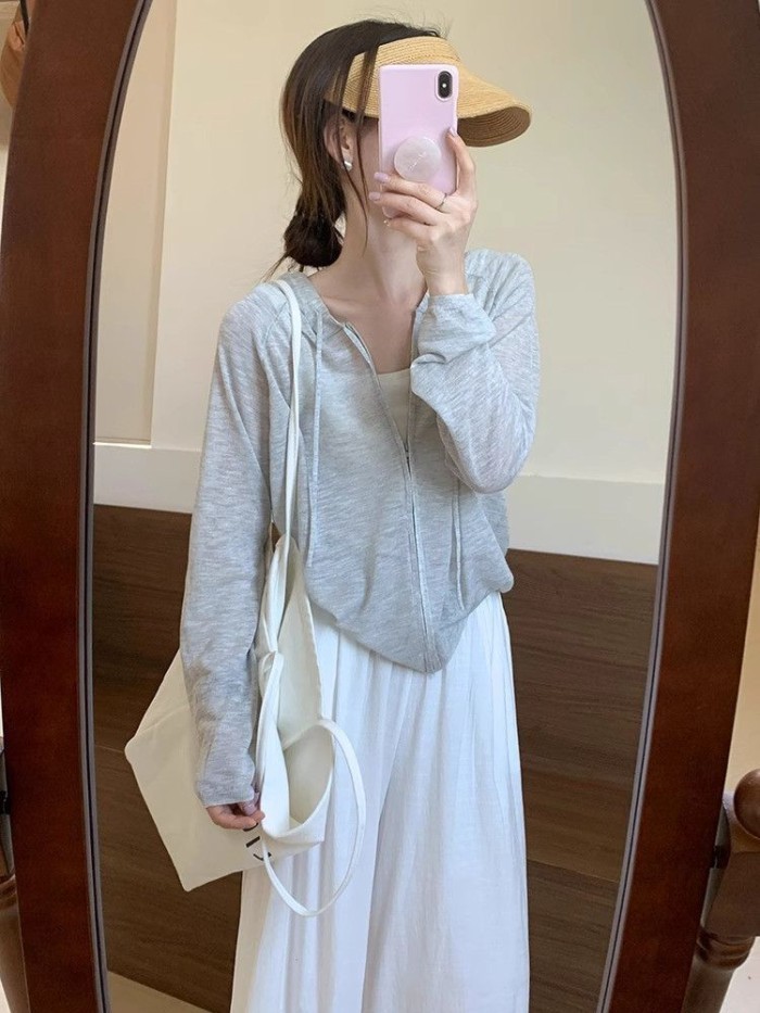 Áo khoác chống nắng mỏng có mũ trùm đầu bằng lụa băng phong cách Hàn Quốc dành cho nữ áo khoá