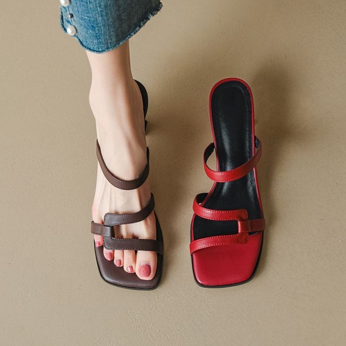 Giày sandal hở mũi da nhẹ sang trọng của Pháp dành cho nữ mùa hè mũi vuông thời trang một dây quai