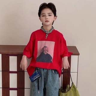 Áo thun ngắn tay bé trai cotton nguyên chất mùa hè phong cách Hàn Quốc dáng rộng mùa hè nửa tay mùa