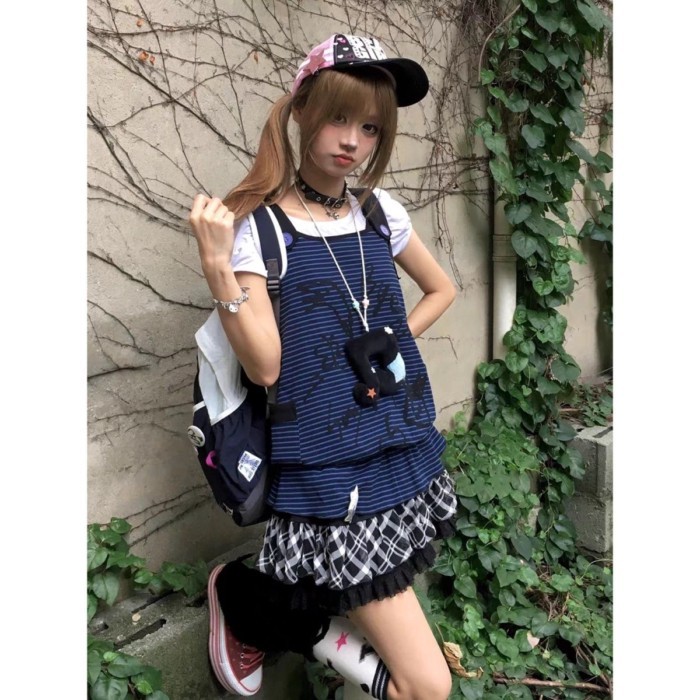 hot girl đầu thiên niên kỷ cổ đại sọc xanh đậm không tay graffiti mùa hè vest ngọt ngào và ca
