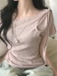 Áo thun ngắn tay trễ vai chấm bi Hàn Quốc dành cho nữ, áo dây buộc dây không đều ngọt ngào ôm