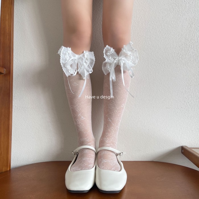 Have u desgin Mỏng Vớ Hoa Phong Cách Ba Lê Nơ Giữa Ống Bê Cọc Tất Nữ