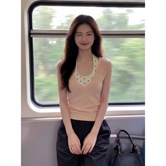 Kỳ nghỉ hè áo thun hai dây chấm bi cổ yếm ngắn tay giảm béo eo đa năng dành cho nữ