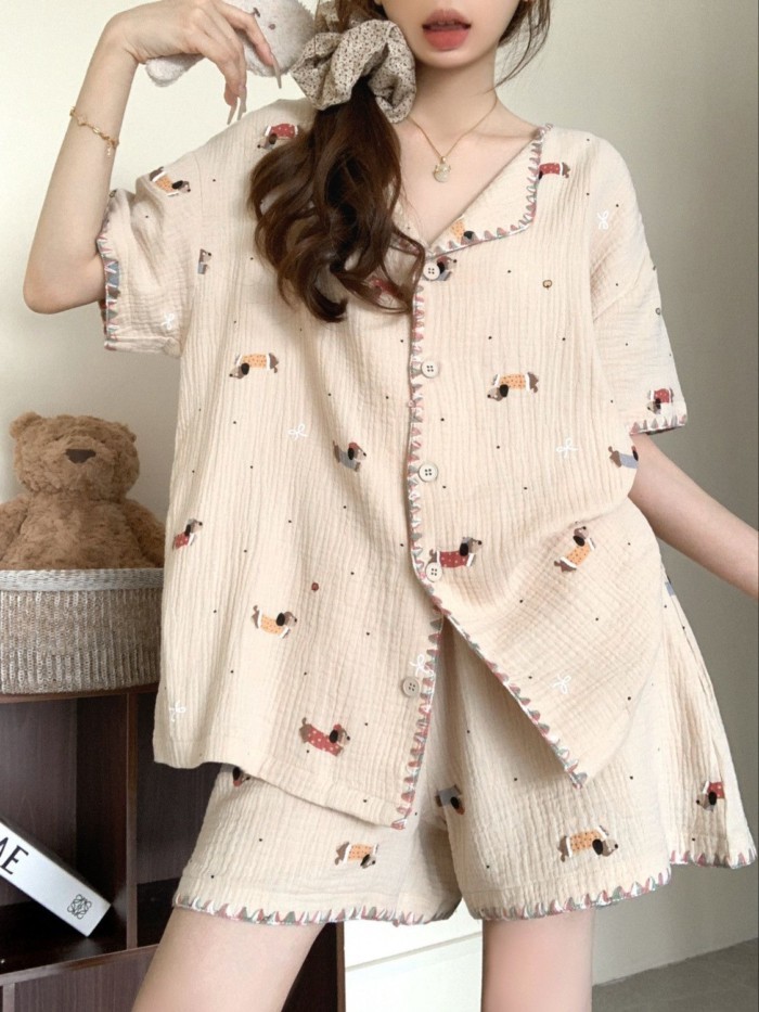 Korean Pajamas Ins Cartoon Dachshund Short-sleeved Home Clothes Summer New Cloud Cotton High-