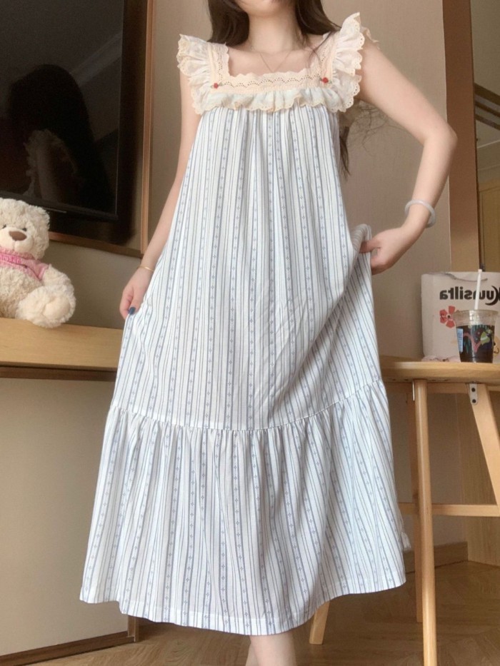 French Lace Suspender Nightgown For Women Summer New Style Small Flying Sleeves Princess Style S
