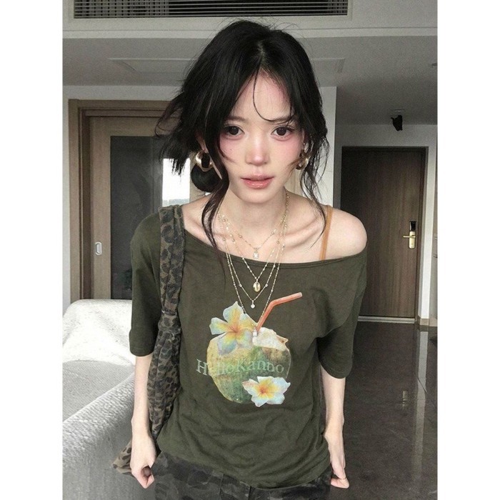 American Retro Sloped Shoulder Short-sleeved T-shirt For Women Summer Coconut Print Green Off-