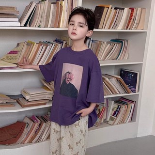 Áo thun ngắn tay bé trai cotton nguyên chất mùa hè phong cách Hàn Quốc dáng rộng mùa hè nửa tay mùa