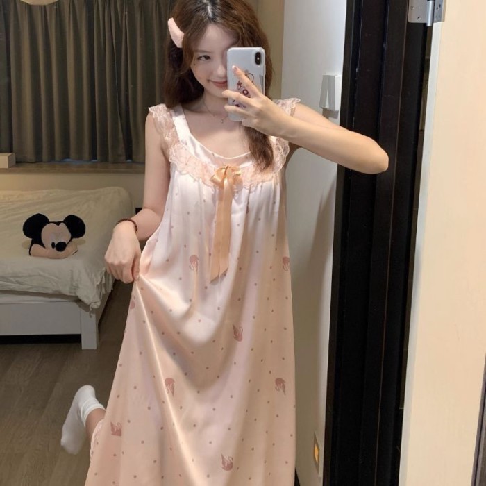 Mùa Hè Phong Cách Công Chúa Ren Chấm Bi Treo Váy Ngủ Cho Phụ Nữ Có Miếng Đệm Ngực Mùa Hè Mới