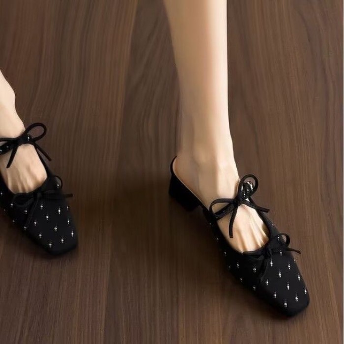 Giày Mule mũi vuông không gót mùa hè, sandal mũi nhọn và dép lê cho nữ, áo khoác ngoài mùa hè, gót