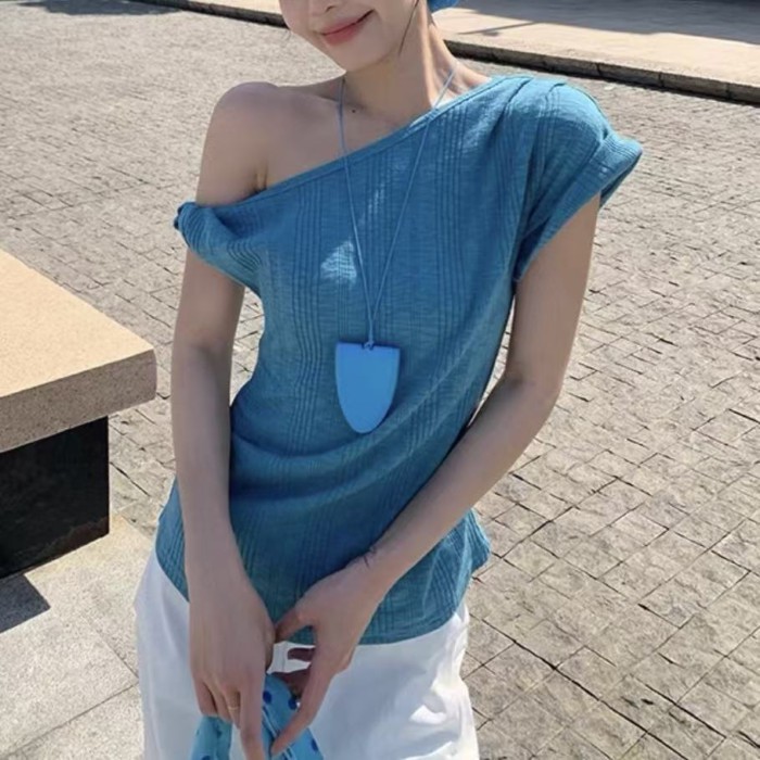 Dopamine Lake Blue Slanted Shoulder Short Sleeve T-Shirt Women's Summer Korean Style Loose Sl