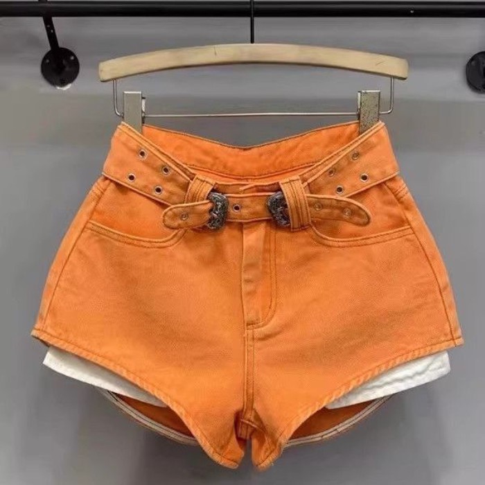 quần short denim dài phong cách mùa hè mới màu cam hot girl chân dài, lưng cao, túi rò rỉ đa năn