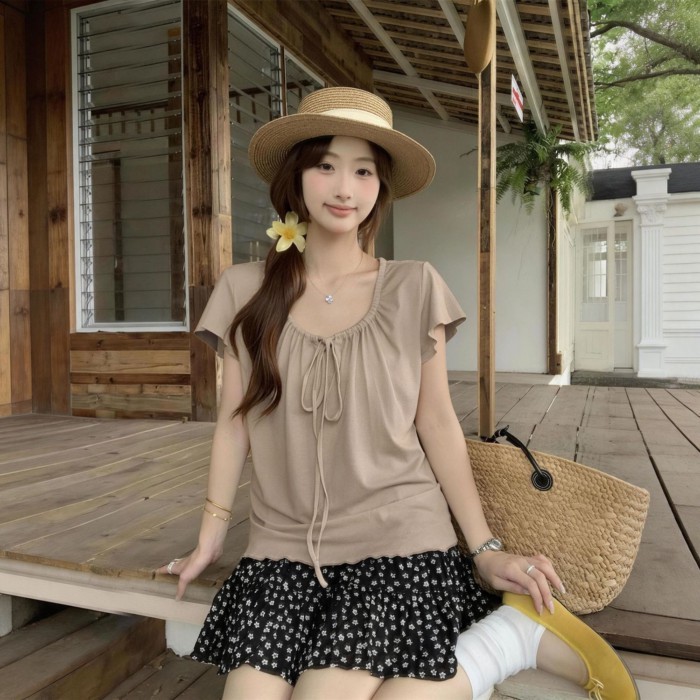Áo thun ngắn tay cổ chữ U siêu đẹp, đẹp và độc đáo dành cho nữ mùa hè kiểu dáng mới thiết kế nhẹ
