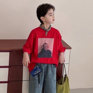 Áo thun ngắn tay bé trai cotton nguyên chất mùa hè phong cách Hàn Quốc dáng rộng mùa hè nửa tay mùa