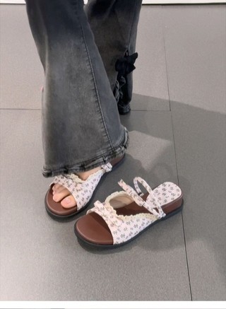 Sweet Style Floral Thick-soled Flip-flops For Women Summer New Outer Wear Bow-knot Open-toe D