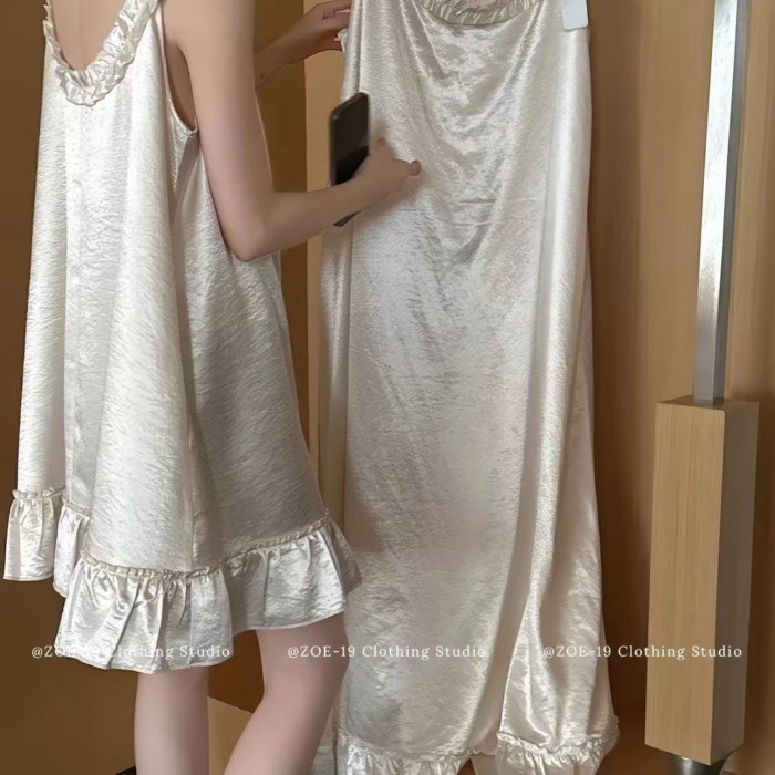 Pháp băng lụa satin Bộ đồ ngủ nữ mùa hè mới ngọc trai màu trắng công chúa váy ngủ satin ren t