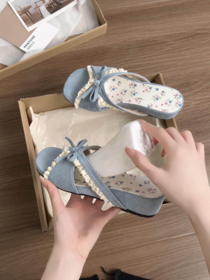 Nơ gió nhẹ nhàng bên trong nâng cao dép nhỏ ren hoa đi biển dép mùa hè