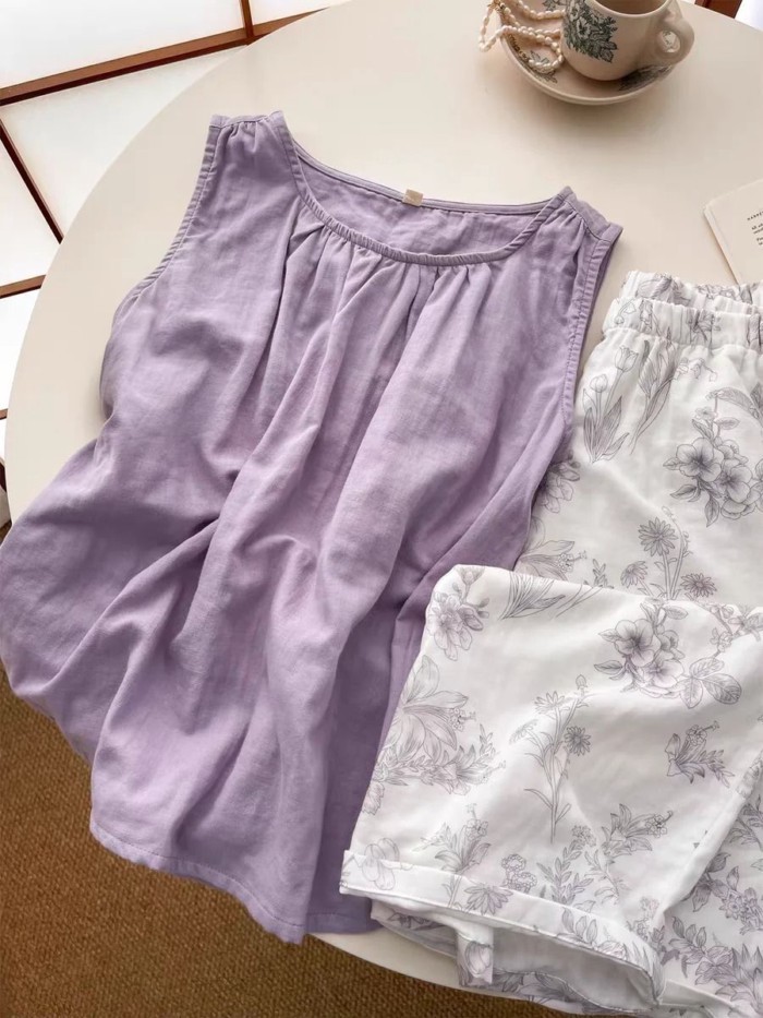 Bộ đồ ngủ có miếng đệm ngực cho nữ mùa hè mới phong cách Trung Hoa ngọt ngào, quần vest không