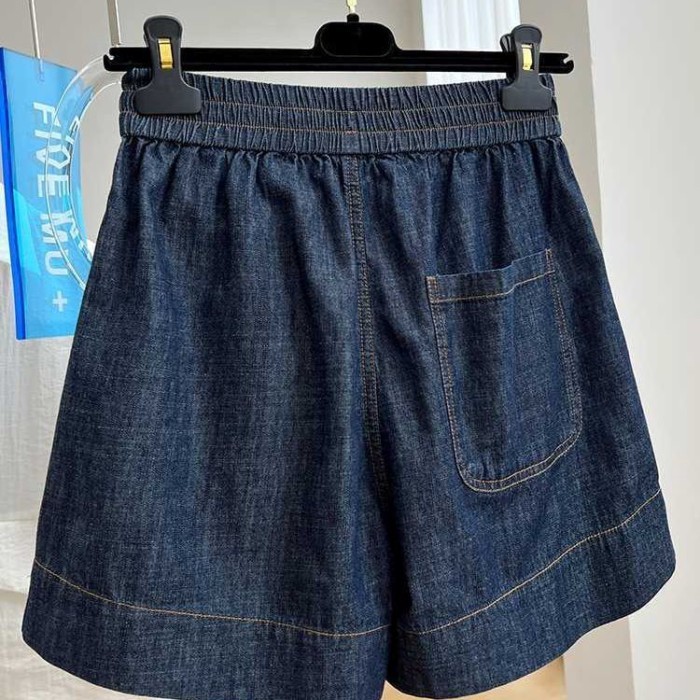 Lưng thun giản dị quần short denim nữ mùa hè mỏng dáng rộng lưng cao chữ A quần ống rộng hot